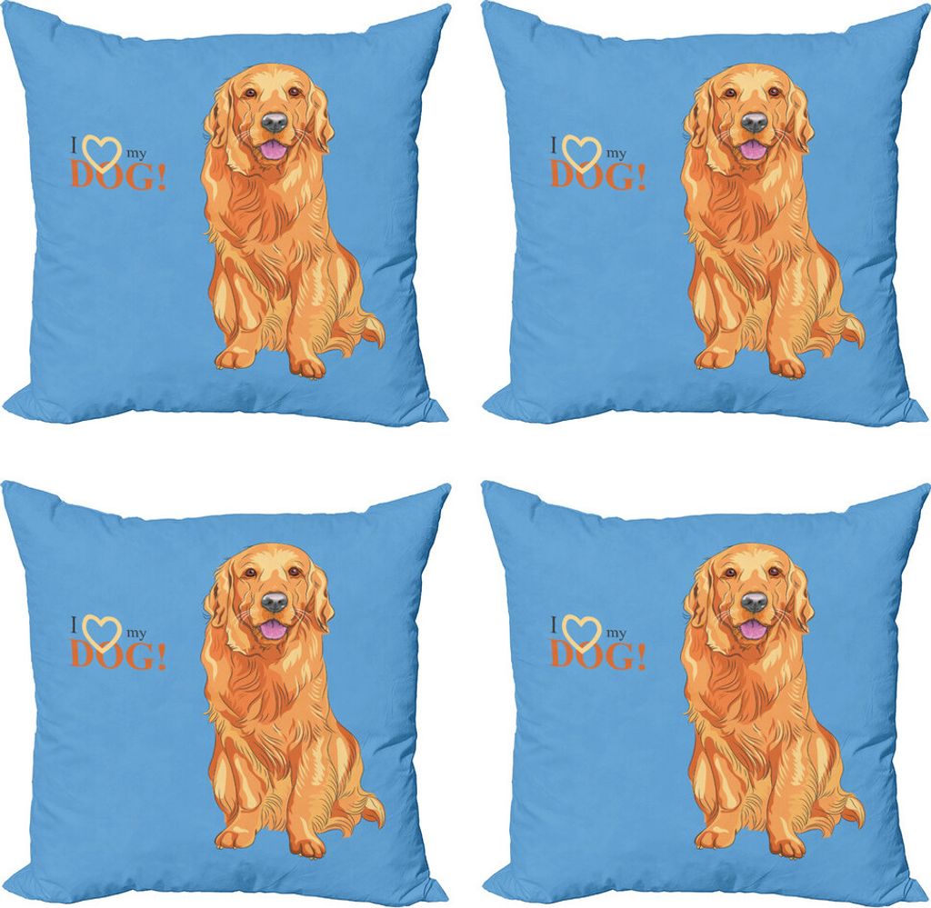 ABAKUHAUS Golden Retriever Kissenbezug Set (4 Stück), Ich liebe meinen Hund, Moderner Doppelseitiger Digitaldruck, 60 cm x 60 cm, Blau und Orange