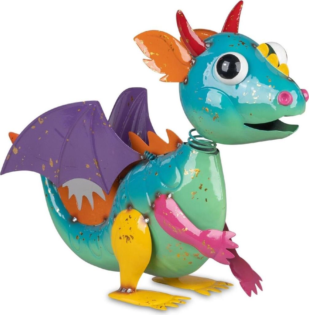 Dekofigur Drache mit Wackelkopf H. 33cm blau bunt aus Metall Formano Garten S25