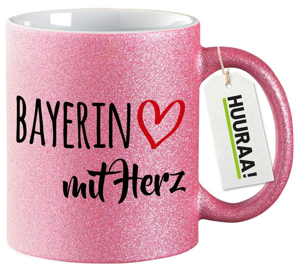 Huuraa Glitzertasse Bayerin mit Herz 330ml Pink Keramik Kaffeebecher Geschenkidee