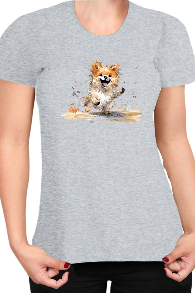 Damen T-Shirt Funny Dogs Breeds Pomeranian Dog Breed, Lady 2XL / Grau