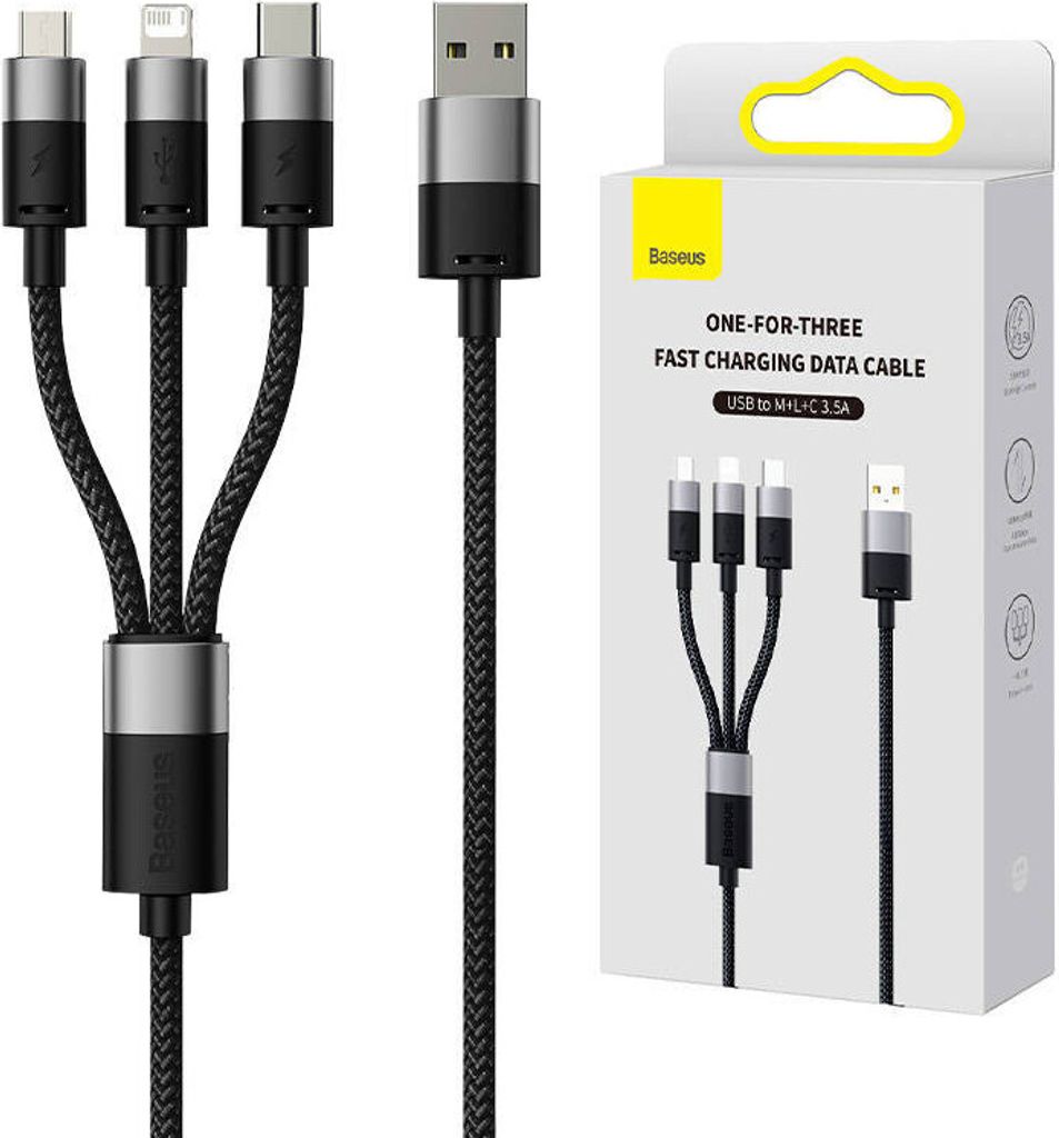A product shot of a multi-charging cable and its packaging.