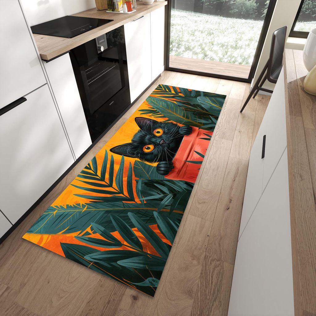 Küchenteppich 90x240cm rutschfest & abwischbar PVC Läufer - Katze im Dschungel