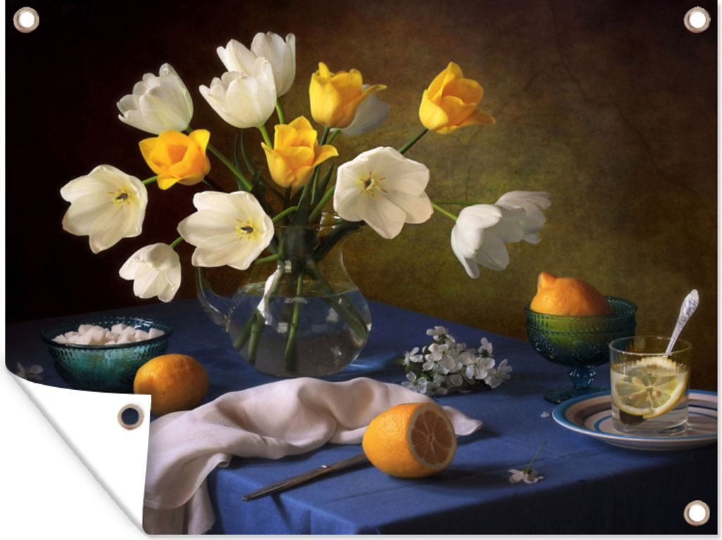 MuchoWow 120x90 cm Outdoor-Poster Gartendeko Sichtschutz Garten Poster für den Garten Stillleben - Farben - Tisch