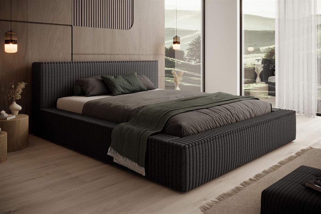 LUCCA im kuschelligen Cord Stoff, Lattenrost 32 Lamellen schwarz (Tilia 100)-200 x 200 cm-mit Metall Rahmen Lattenrost