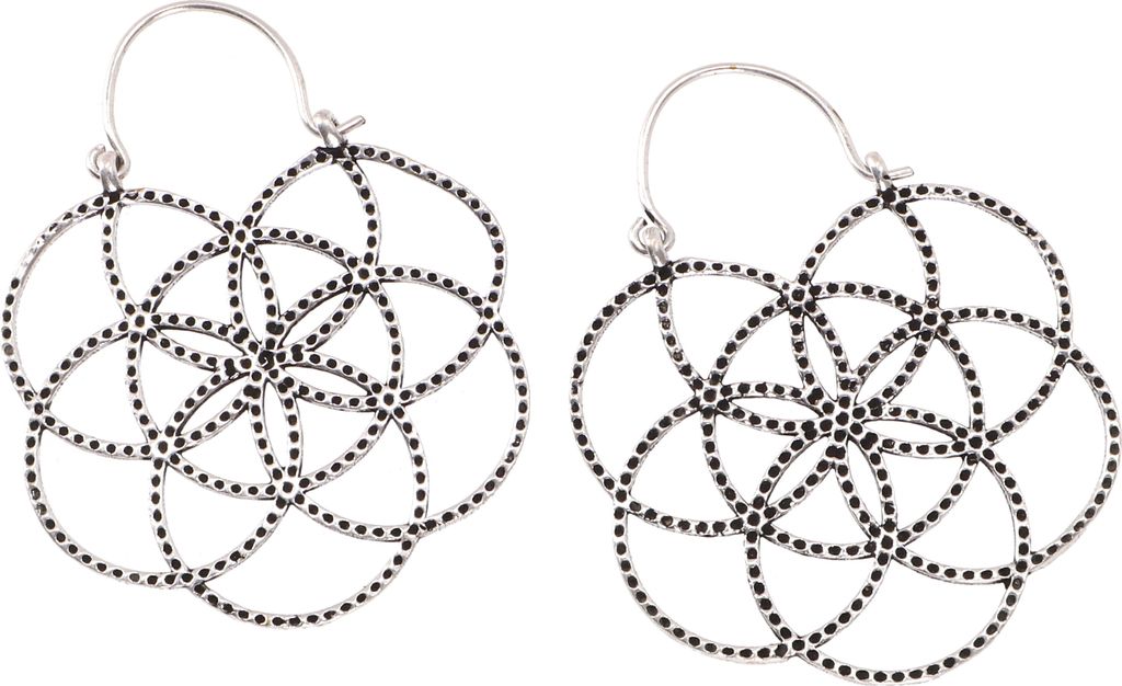 Tribalohrringe aus Messing, Flower of Life Ethnoohrringe, Tribal Ohrringe, Yogaschmuck - Silber, Silber-Farben, 5,5*5 cm, Ohrringe + Ohrstecker Mod...