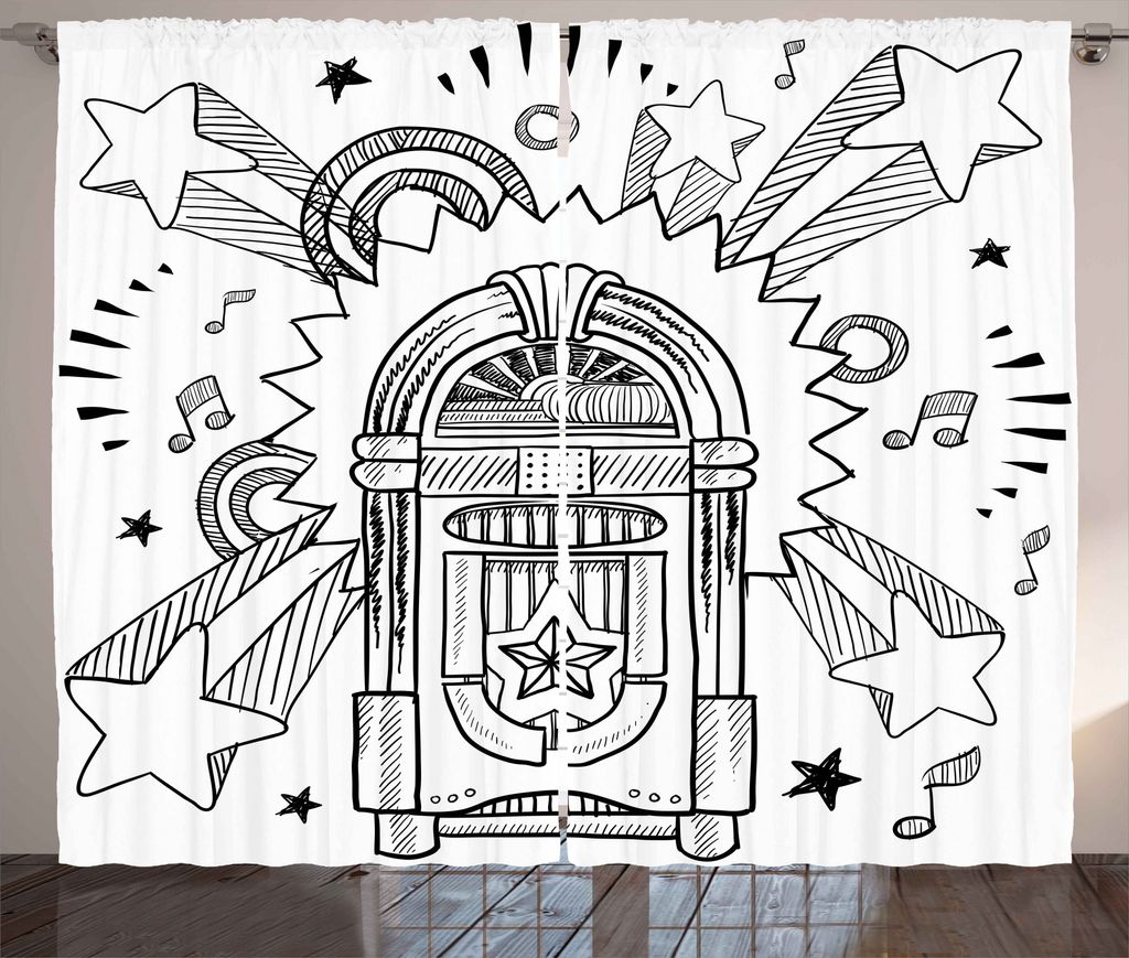 ABAKUHAUS Retro Rustikaler Gardine, Cartoon Sketchy Music Box, Schlafzimmer Kräuselband Vorhang mit Schlaufen und Haken, 280 x 175 cm, Schwarz und...