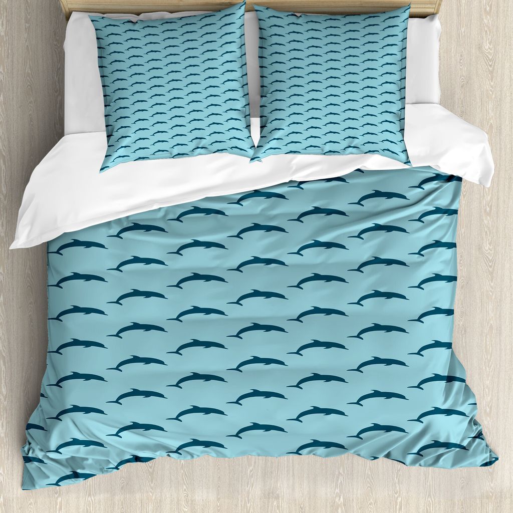 ABAKUHAUS Delphin Bettbezugs Set Für Doppelbetten, Marine Fauna Sammlung, Milbensicher Allergiker geeignet mit Kissenbezügen, Hellblau Dunkelblau