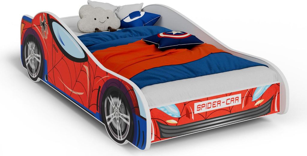 Kinderbett Auto Spider 160x80 cm – Multicolor Design mit Superhelden-Motiv, inklusive Matratze und Lattenrost, sicher und stabil, für Jungen