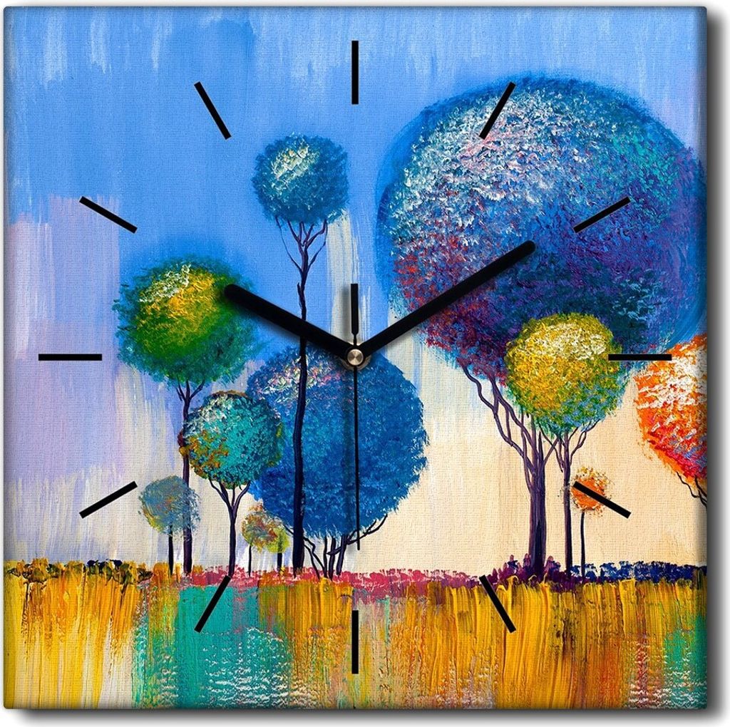 Coloray Uhr auf Leinwand 30x30 cm Wand Uhr Dekoration Wohnzimmer Segeltuch schwarze Hände -Bäume verlässt Kreis.