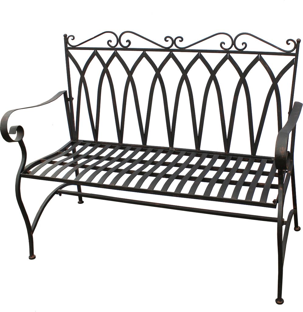 A black metal garden bench with an ornate backrest and armrests, shown against a white background.