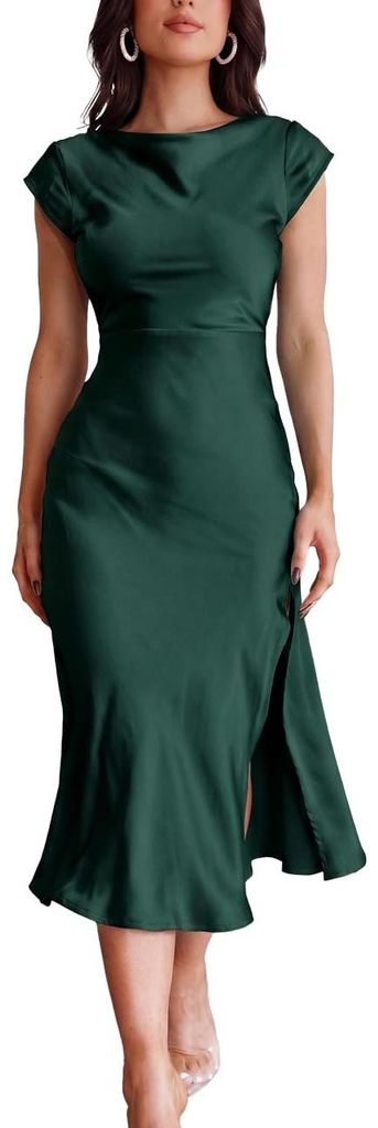 Damen Sommer Satin Eleganz Rückenfrei Twist Cap Ärmel Midi Produktbild 