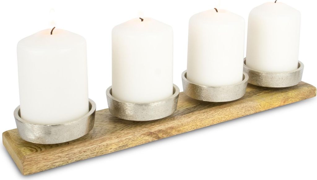 Adventsleuchter | 4 Kerzenhalter | Alu & Holz Silber | 38,5 x 7,5 x 4 cm | 11746
