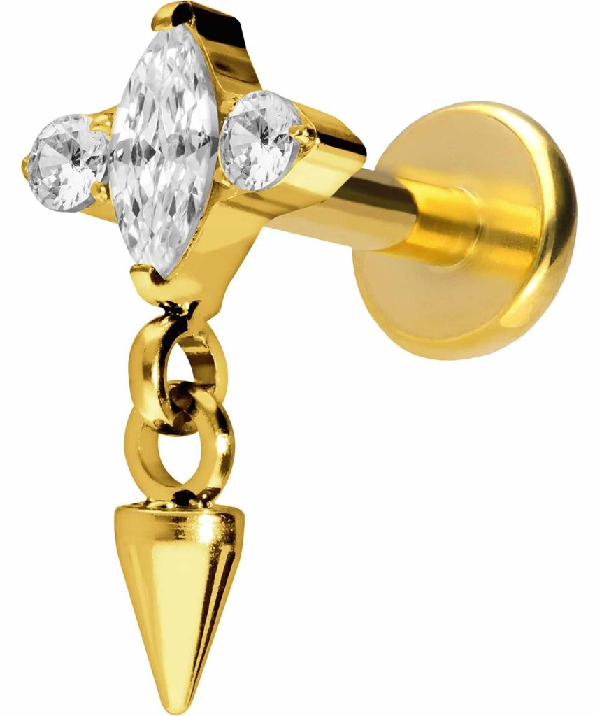 Ohrpiercing, Nasenpiercing Titan Labret mit Push Fit EINGEFASSTE KRISTALLE + SPITZE Gold Stablänge: 8mm | Stabstärke: 1,2mm