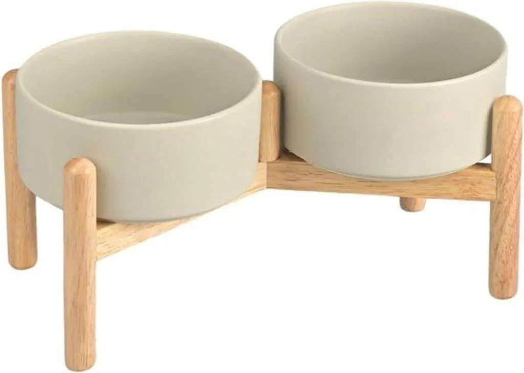 Écuelle en céramique pour grand chien avec socle en bois Bamboo Gris