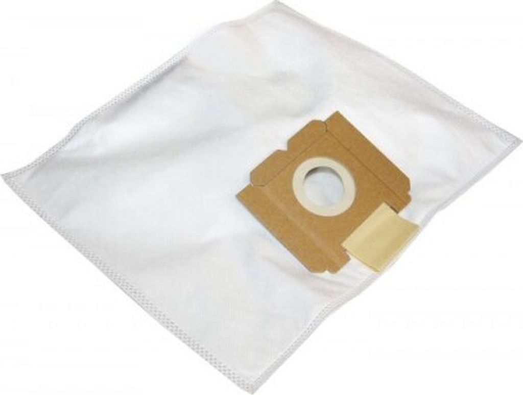 A white vacuum cleaner bag with a brown cardboard attachment.