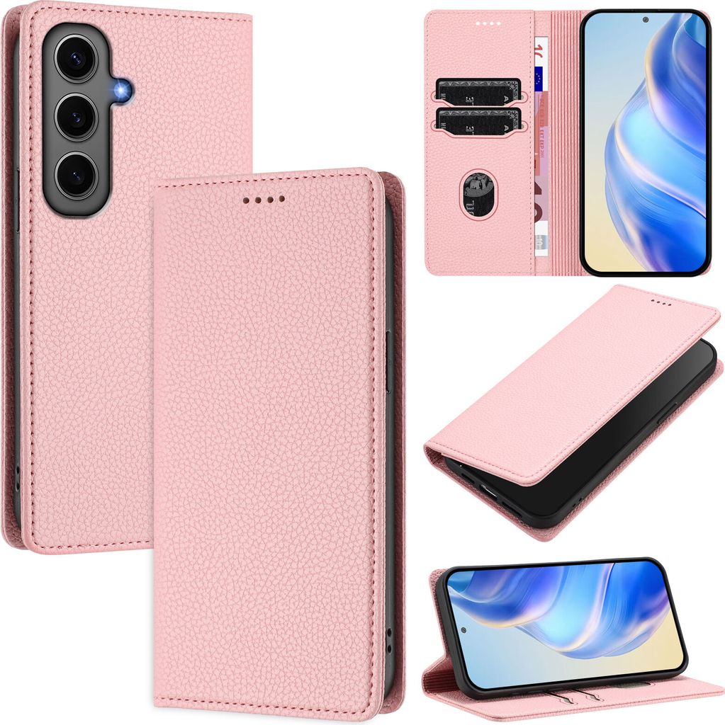 Litchi Leder Handyhülle für Samsung Galaxy S24+ Wallet Kartenfächer Standfunktion Hülle Pink