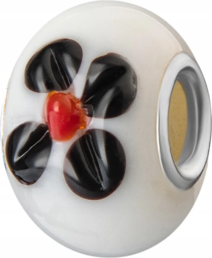 Charms Argento Vetro Fiore Nero Fiore Bianco Perla Smalto Argento 925