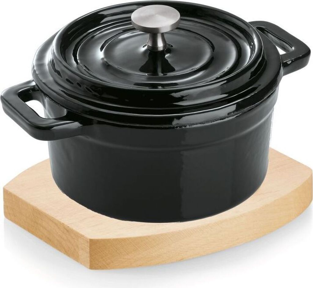 4x Cocotte schwarz Gusseisen ø 10 cm mit Deckel emailliert + 4x Holzuntersetzer
