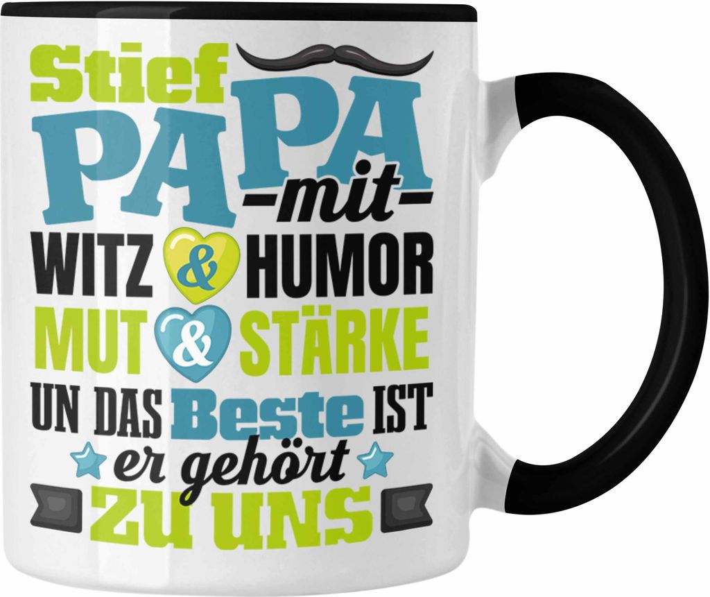 Trendation - Bonus Papa Tasse Geschenk für Stiefvater Stiefpapa Geschenkidee Vatertag mit Witz und Humor (Schwarz)