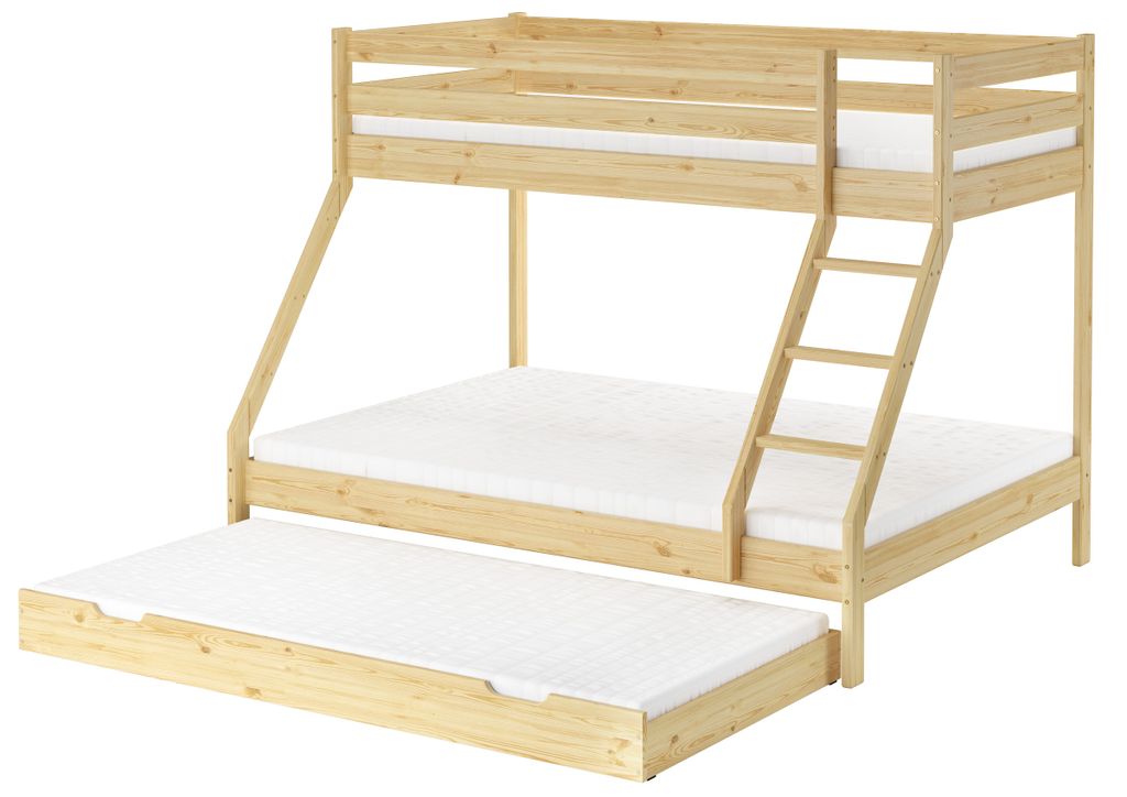 Doppel-Etagenbett 140x200 und 90x200 Erwachsenen-Stockbett Kiefer Zubehör wählbar V-60.19-09-14Rollrost. Matratze und Gästebettkasten inkl.