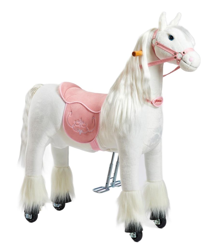 A white toy horse with a pink saddle and bridle, standing on a white background.