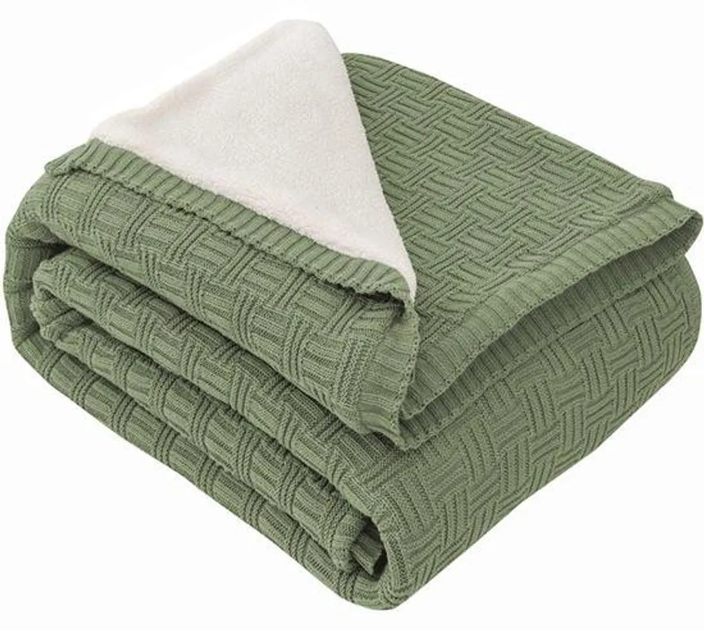 Couverture Chaude 660g/m² Coton Sherpa Oeko-Tex Olive 180x200 cm
