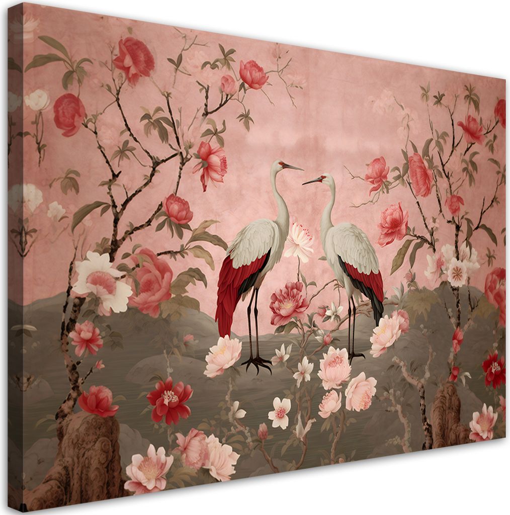 Leinwandbild Blumen und Vögel Chinoiserie 60x40 Feeby Rosa bild für die wand bereit zum aufhängen
