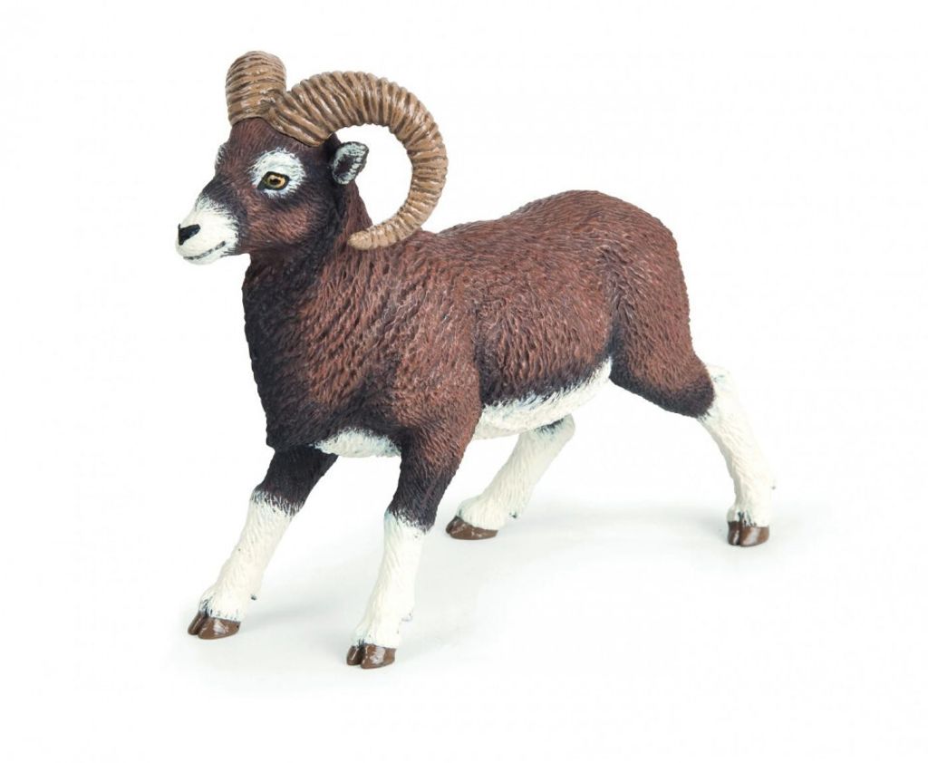 A toy figurine of a mouflon sheep standing on a white background.
