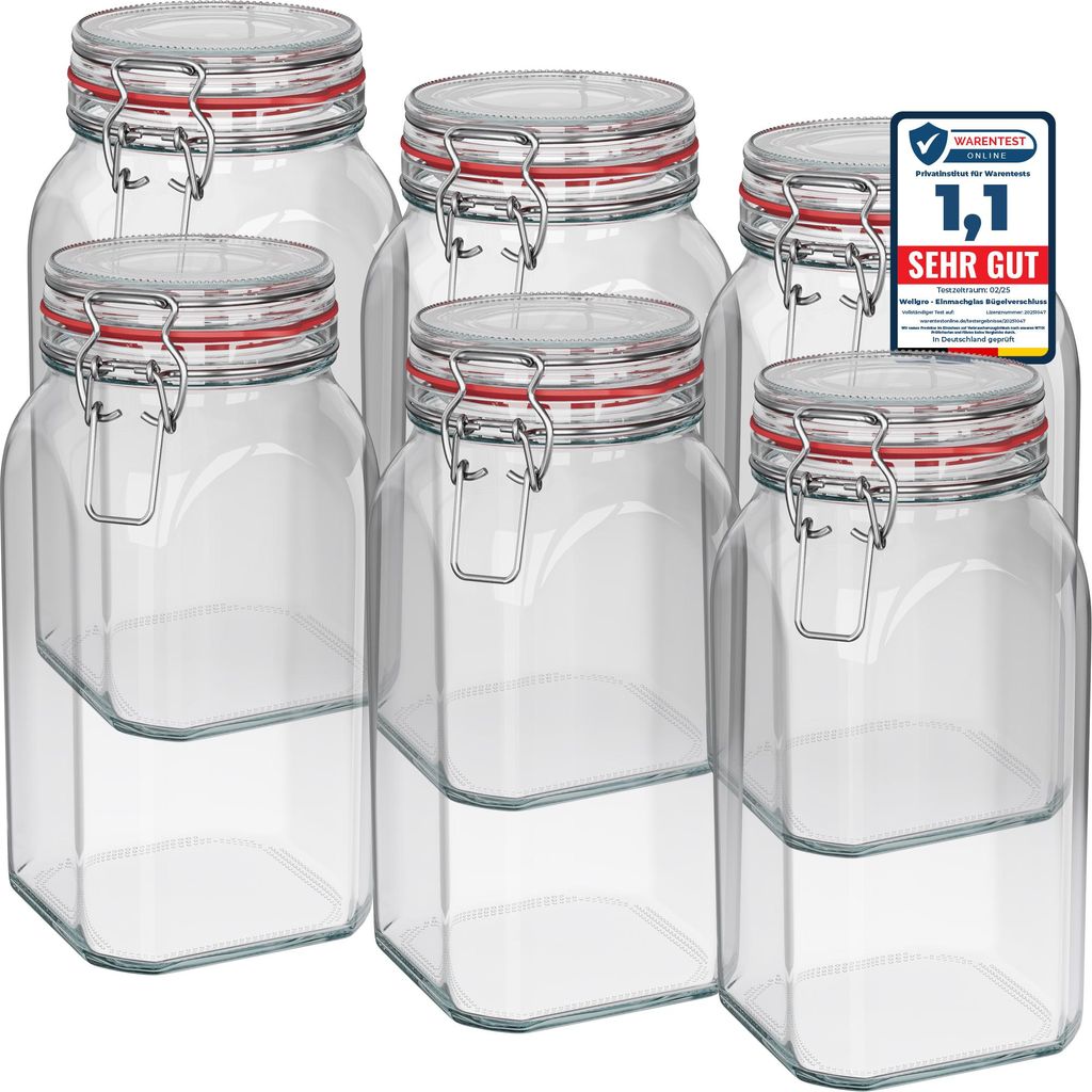 WELLGRO Einmachgläser mit Bügelverschluss eckig 1540ml - Produktbild 