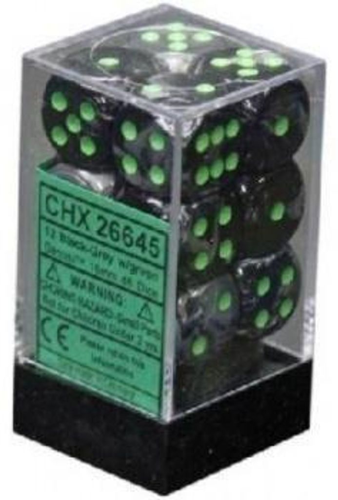 Chessex Gemini 16mm d6 with pips Dice Blocks (12 Dice) - Black-Grey w/green