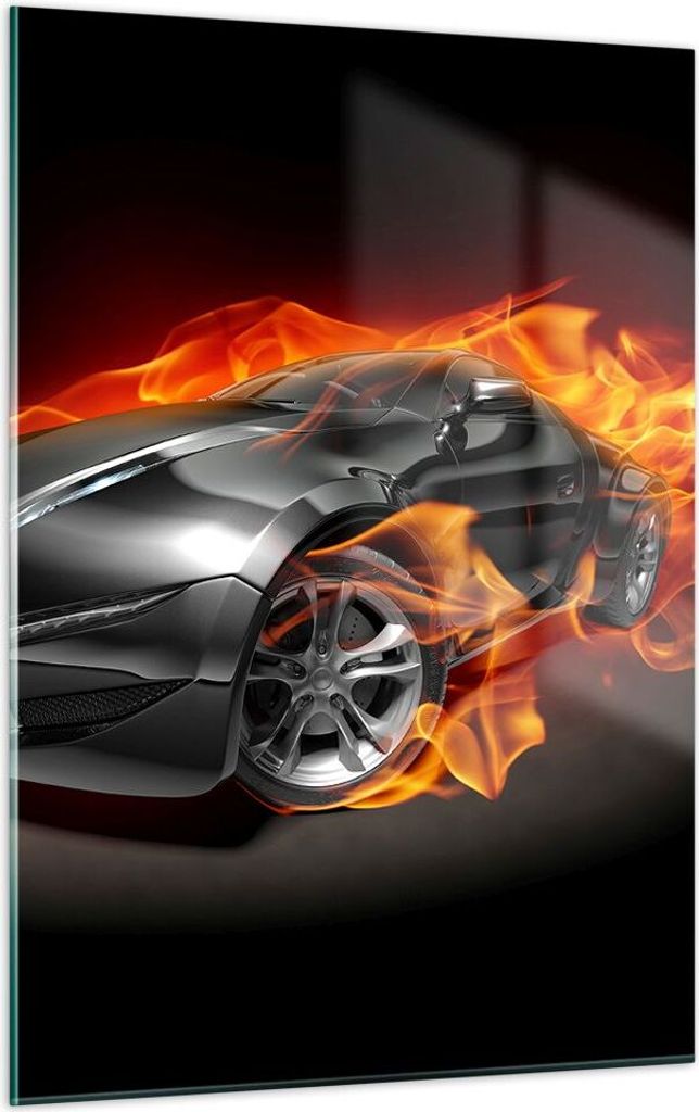 Bilder auf glas - Einteilig - Sportwagen Feuer Flammen Rauch - 50x70cm - Glasbilder - Wandbilder - Bilder - Wanddekoration aus Glas - Glas Bilder -...