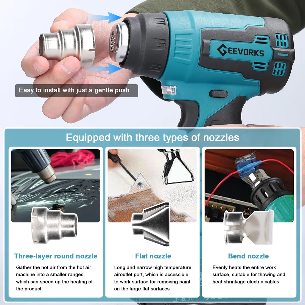 Pistolet à air chaud sans fil 21V Lithium avec 3 buses interchangeables