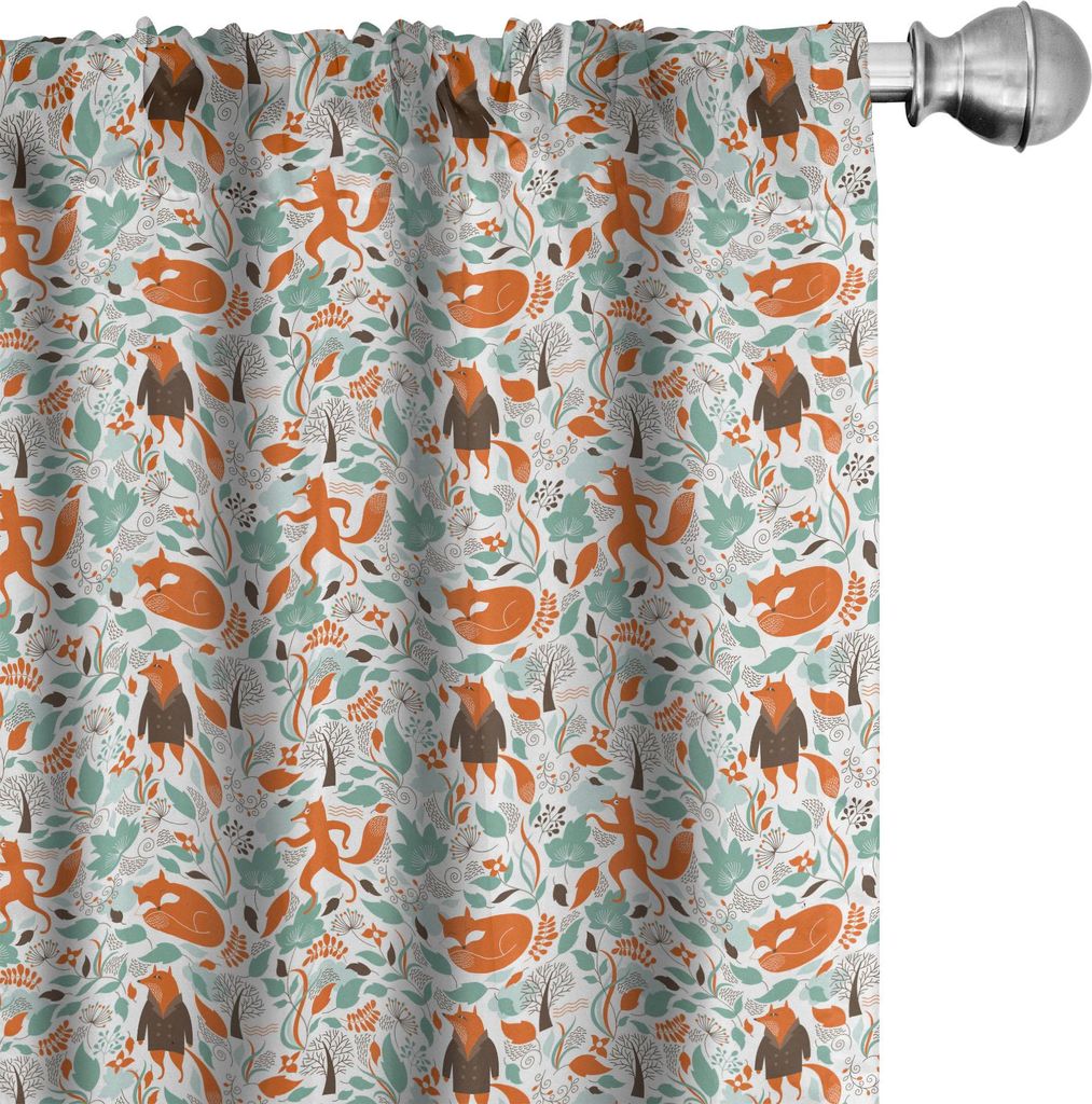 ABAKUHAUS Fuchs Vorhänge, Gardinen, Karikatur von Lustiger Fox Herbstlaub Blätter Löwenzahn Garten Muster, 2 Stück 75 x 175 cm, Türkis Orange ...
