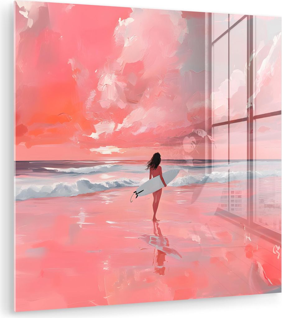 MuchoWow Glasbilder - Bilder auf Wandbild - Foto auf Glas Rosa - Surfen - Meer 30x30 cm Wanddekoration aus Glas - Acrylglasbild - Acrylbilder