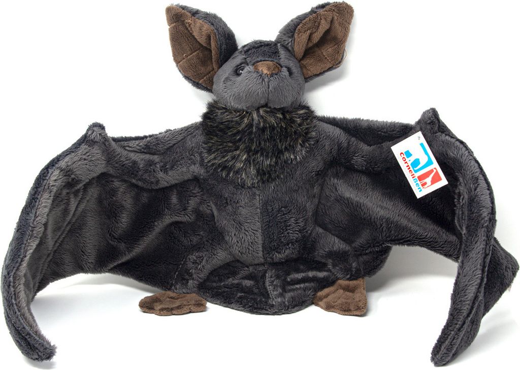 A plush toy bat is displayed against a white background.