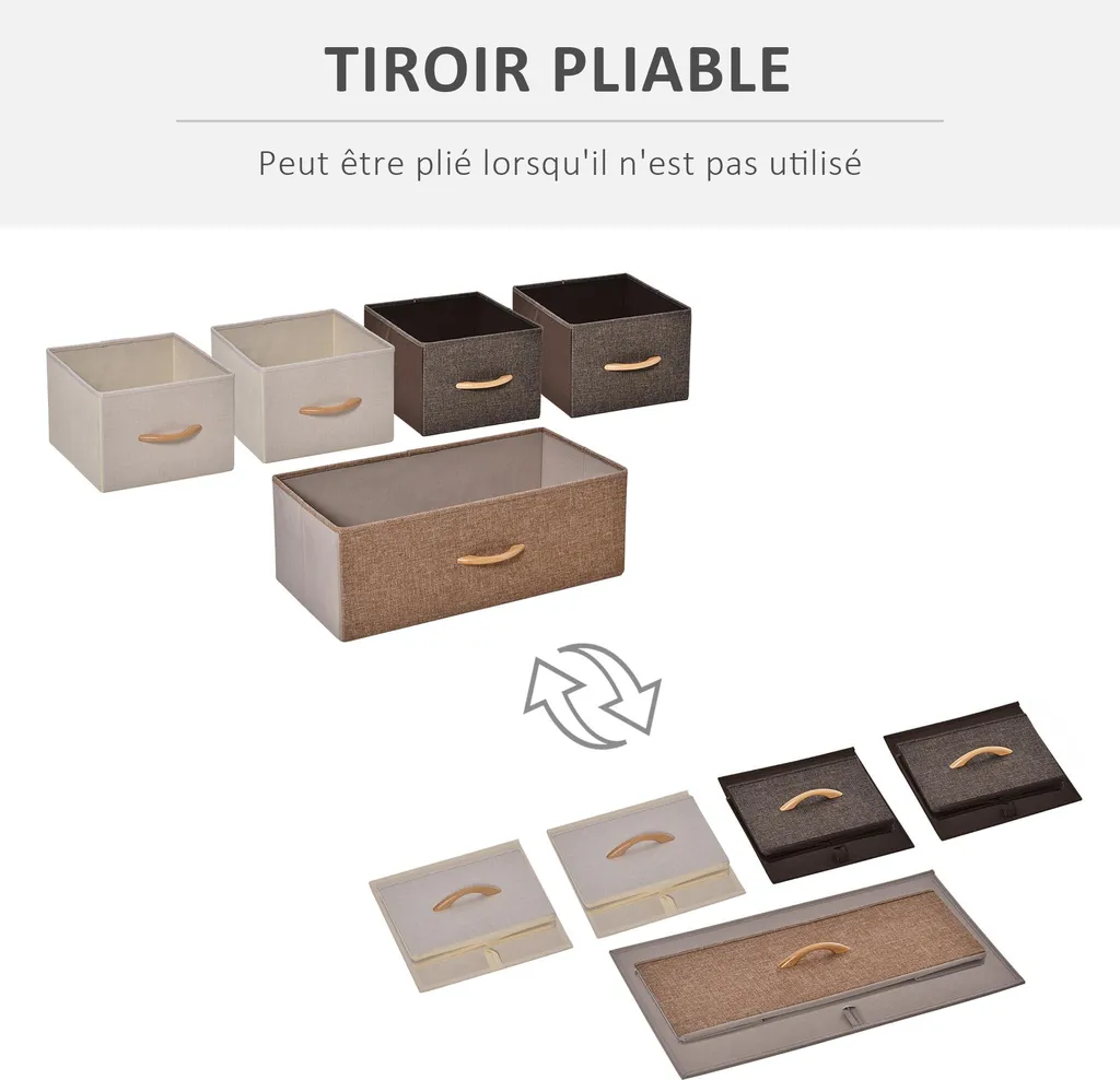 HOMCOM Commode de Rangement 5 Tiroirs en Tissu 88cm Marron et Beige