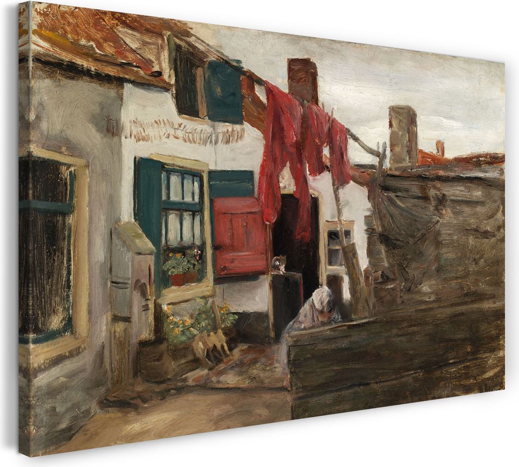 Leinwandbild (100x70cm): Max Liebermann - Holländische Dorfecke mit hängender Wäsche, echter Holz-Keilrahmen inkl. Aufhänger, handgefertigt in ...