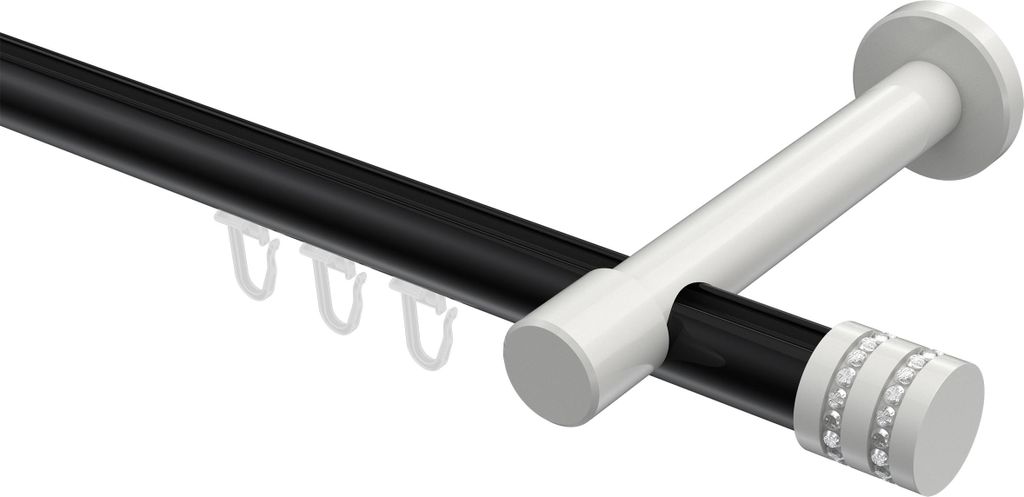 Interdeco Innenlaufstange / Gardinenstange mit Innenlauf Schwarz / Weiß, Typ Prestige Estana (Glitzerkappe), 20 mm Ø 1-läufig, 520 cm