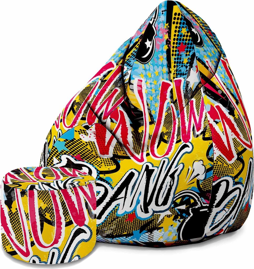A bean bag chair and a matching ottoman with a vibrant, graffiti-inspired design.