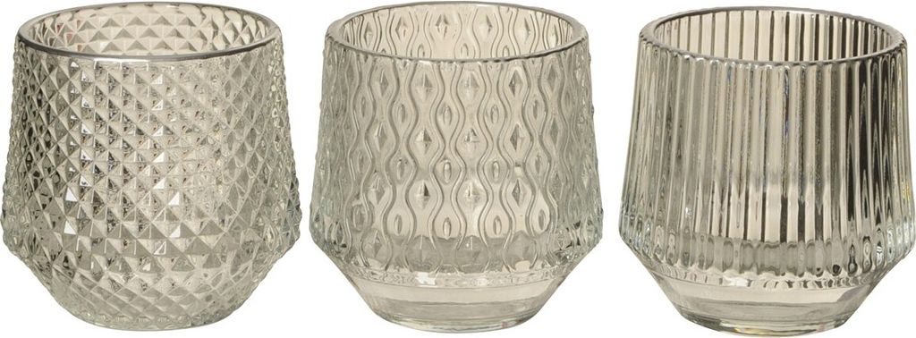 Windlicht Glas klar/grau 3fach sort. Teelichthalter Ø8cm H8cm Tischdeko Deko