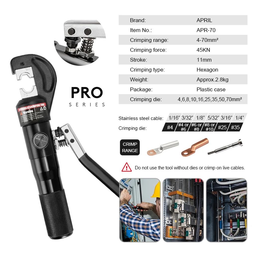 APRIL Hydraulische Crimpzange, Crimpbereich 4-70mm², Crimpkraft 45KN, APR-70 Schwarz, APR-70 Schwarz