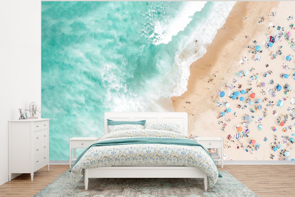 MuchoWow Fototapete für Wohnzimmer oder Schlafzimmer Wandtapete Vinyl Motivtapete Meer - Strand - Sonnenschirme - Sommer - 295x220 cm - Wand Tapete