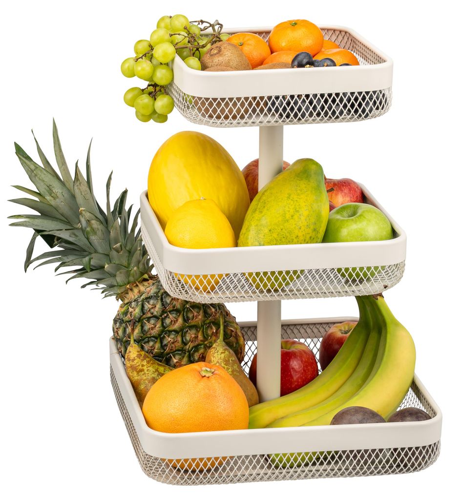 eluno Obstetagere, Brotkorb eckig 3-stöckig, Obstkorb, 20 x 20 cm, 25 x 25 cm und 30 x 30 cm, aus Metall in beige