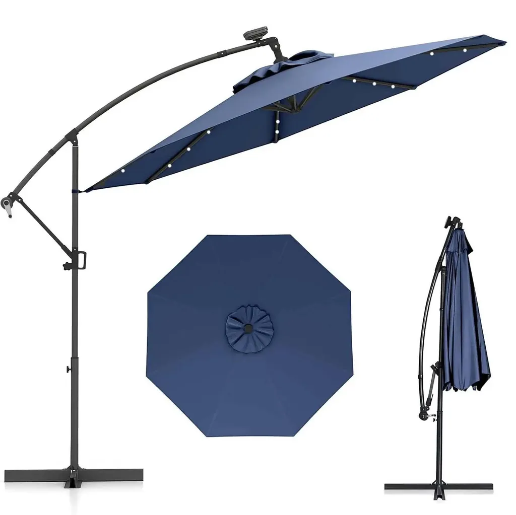 Parasol inclinable 300 cm bleu foncé, 32 LED intégrées et pied déporté