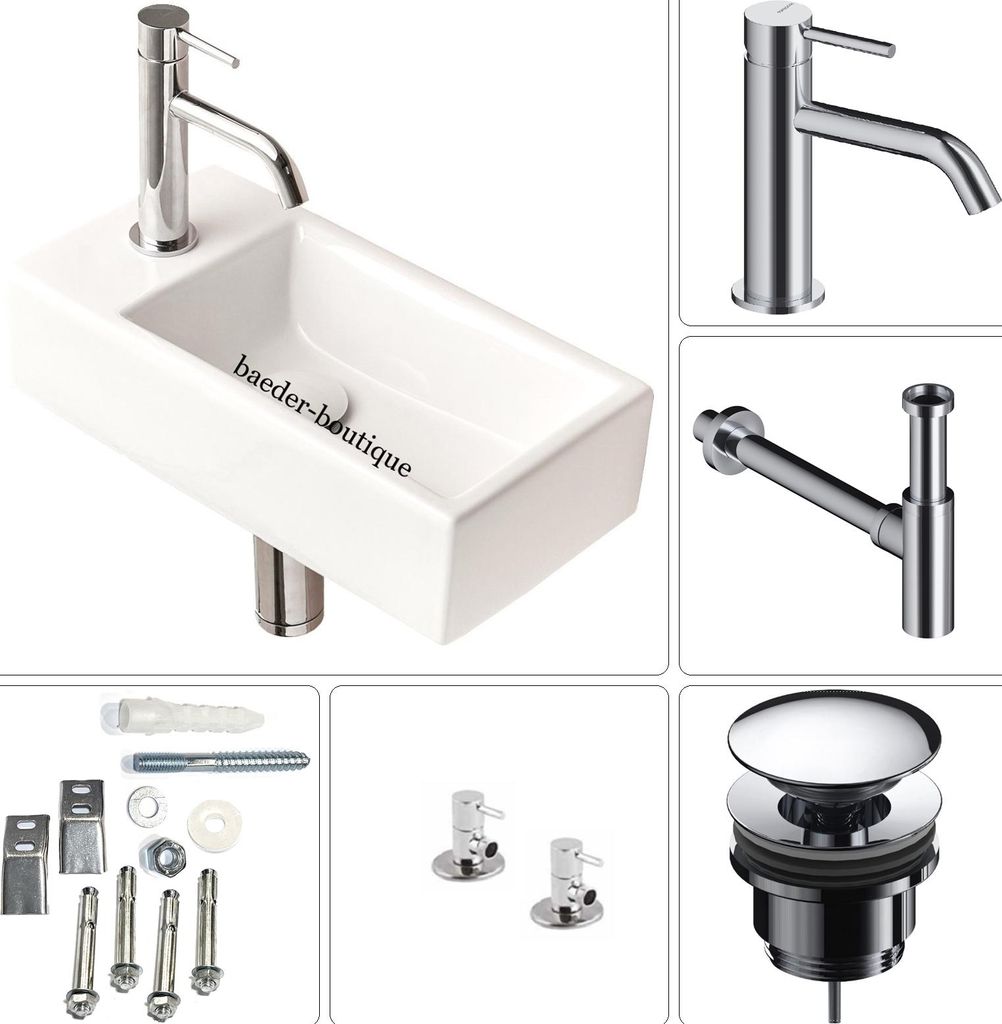 SANYCCES MINI Hängewaschbecken 20,5x40,5 cm Set mit ColdOpen Einhand-Armatur & Siphon, weiß
