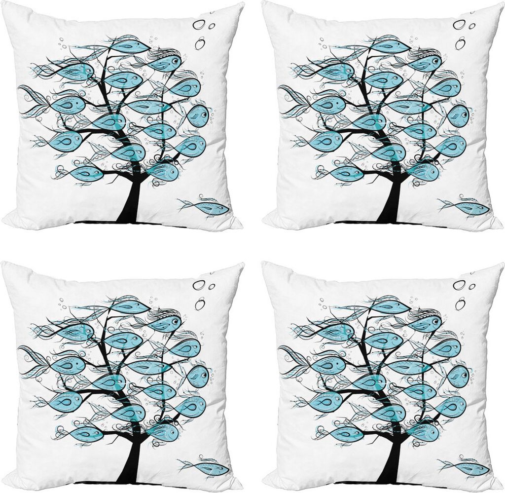 ABAKUHAUS Fisch Kissenbezug Set (4 Stück), Meerestiere auf Baum-Thema, Moderner Doppelseitiger Digitaldruck, 40 cm x 40 cm, Blau und Schwarz