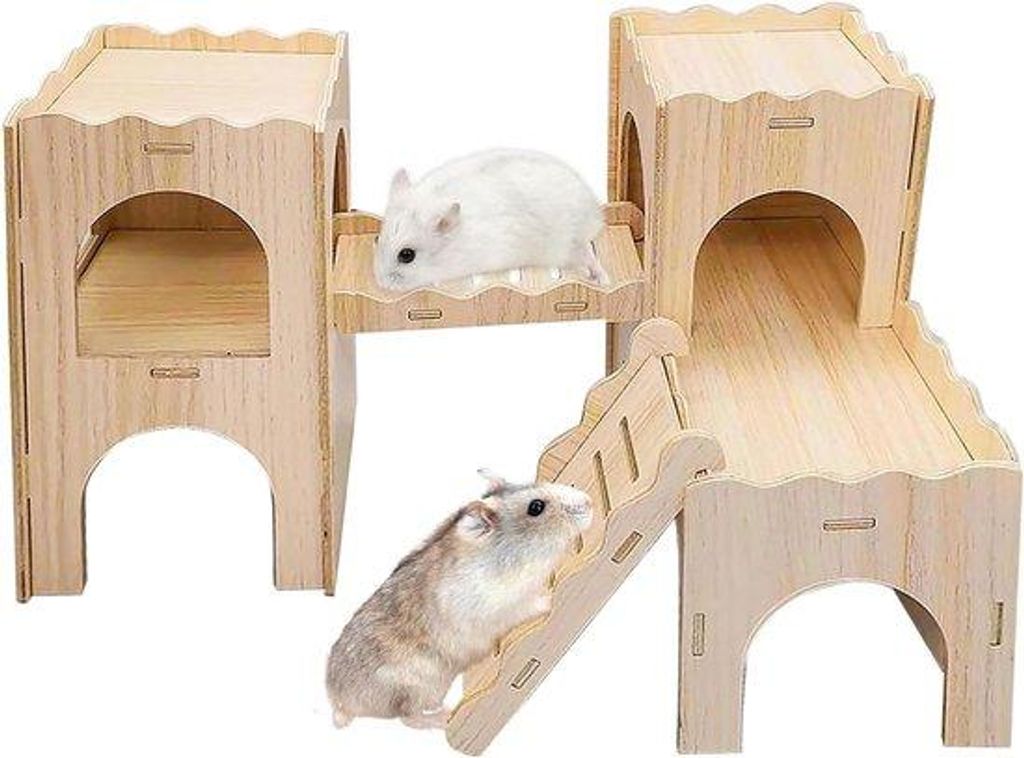 Grosses Holzhamsterhaus mit mehreren Räumen - Versteckplatz für Hamster - Zubehör für Hamsterkäfig - für Mäuse, Gerbils und Cavia