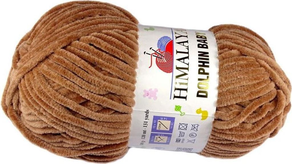 A ball of brown yarn with a label.