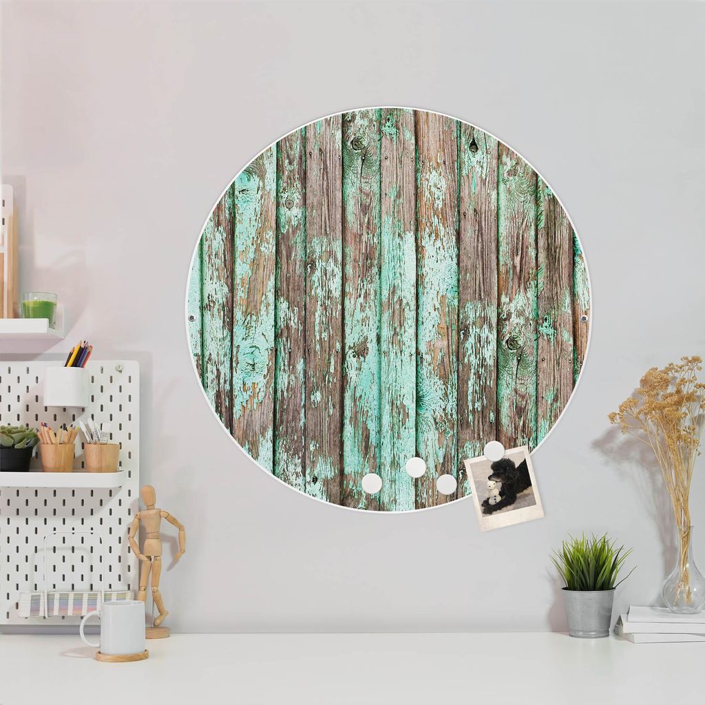 Design Stahlmagnettafel Weiß Rund 47cm Verwittertes Holz