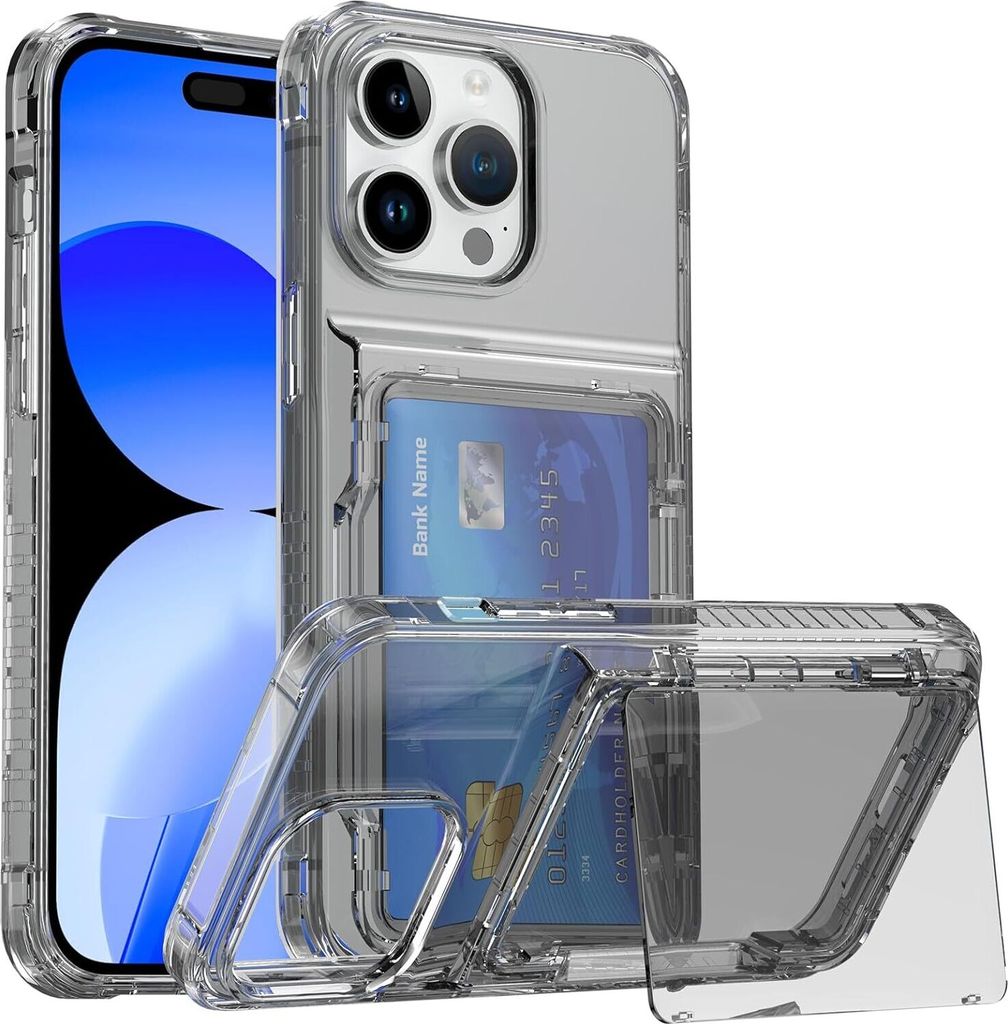Hülle für iPhone 15 Pro Transparent Kartenfach Silikon TPU Handyhülle mit Ständer Grau